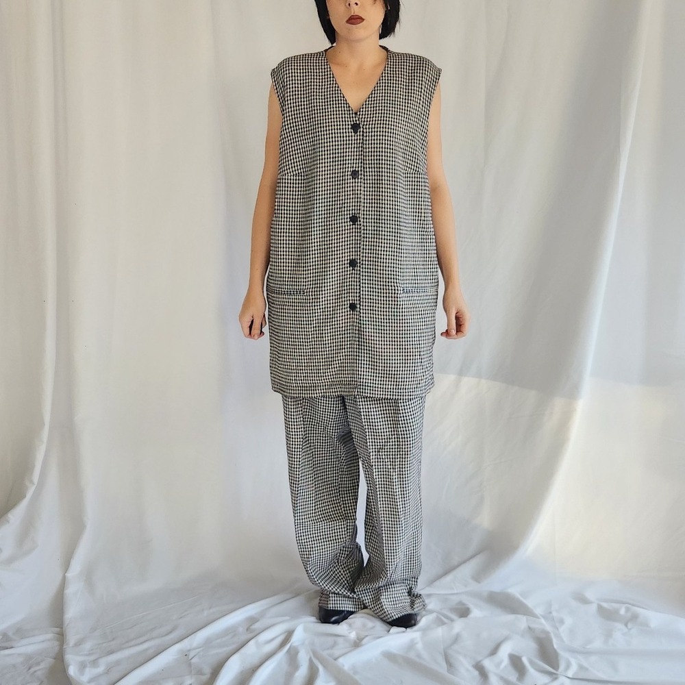 90s Beige and Navy Plaid Pants and Top‎ Set